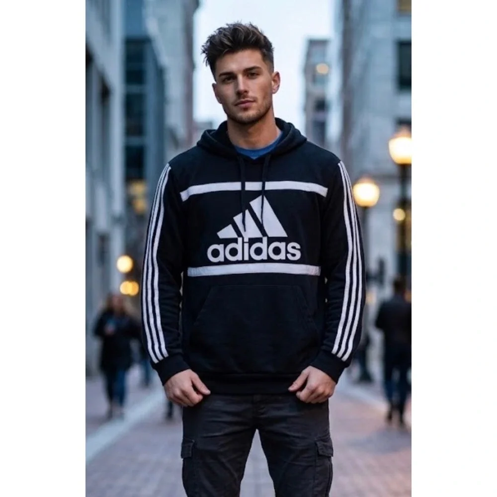 Adidas Mens 2XL Black White Logo 3-Stripe Pullover Hoodie Sweatshirt